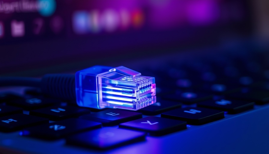 Glowing fiber optics and ethernet on keyboard, fiber internet for rural homes