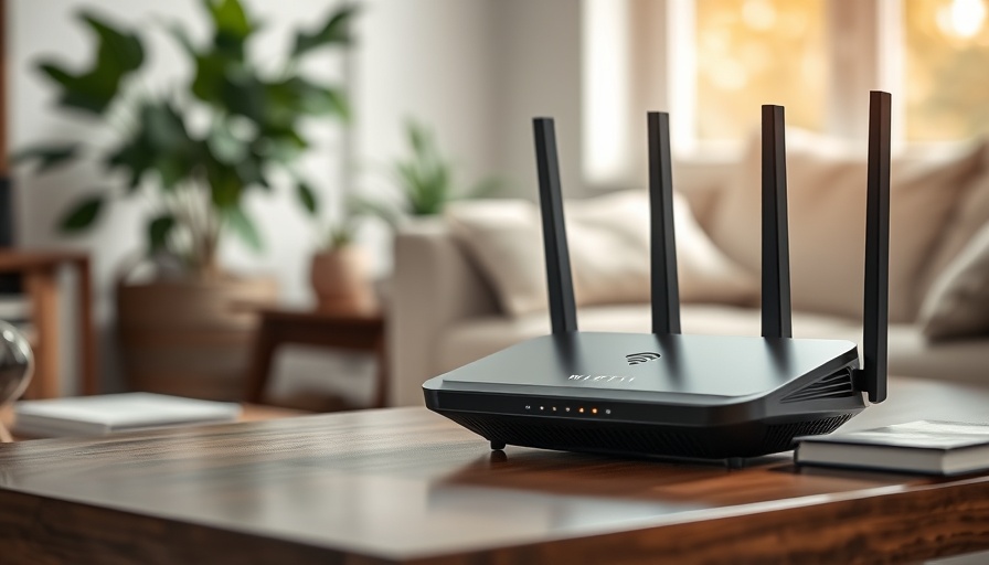 Wi-Fi router on table, brightly lit living room background