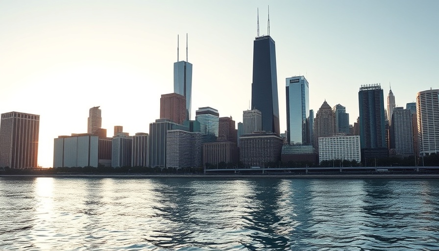 Chicago skyline reflecting on water during sunrise, vibrant scene highlighting the cityscape.