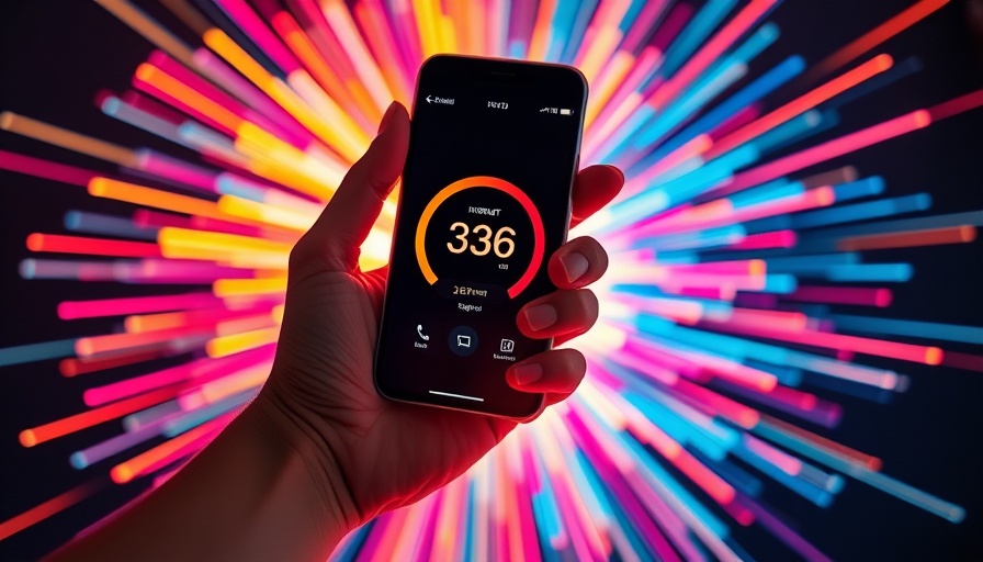 Dynamic internet speed test on smartphone with colorful burst.