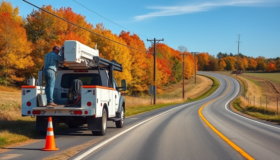 Technicians installing last mile broadband infrastructure on rural road.