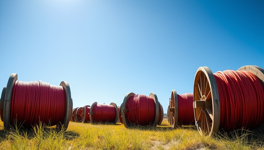 Wooden spools with red fiber optic cables for home internet in a field.