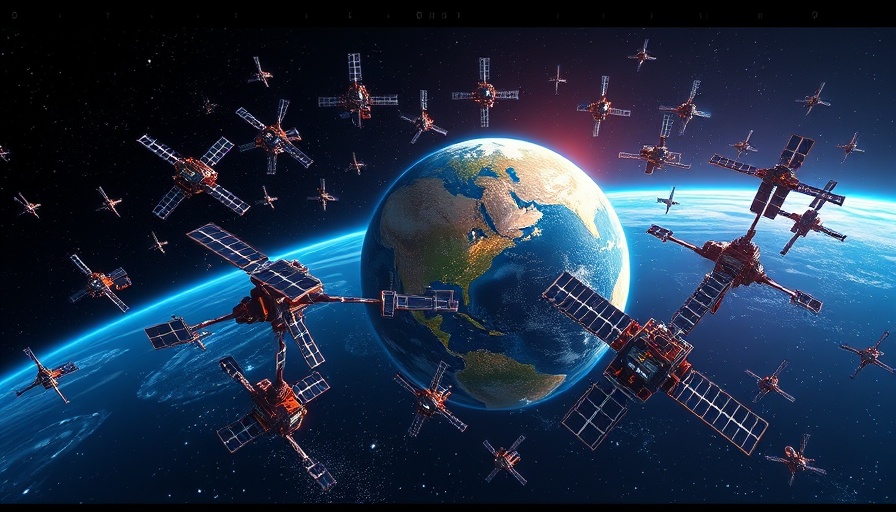 Satellite internet illustration with orbiting satellites and Earth.