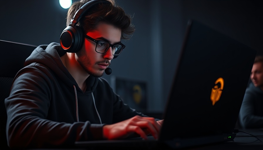 Gamer intently using laptop in dark setting, 2025.