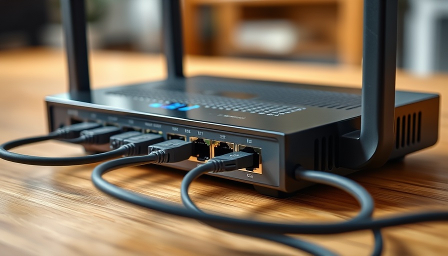 Close-up of router setup with connected Ethernet cables on wooden surface.