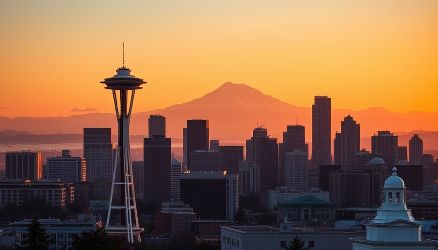 Seattle skyline with Space Needle and Mount Rainier at sunrise.