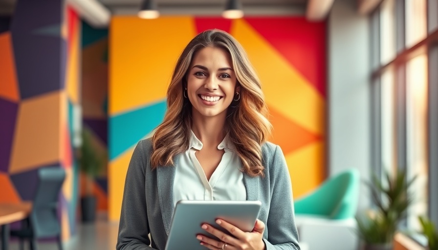 Confident young woman smiling with tablet in vibrant office.