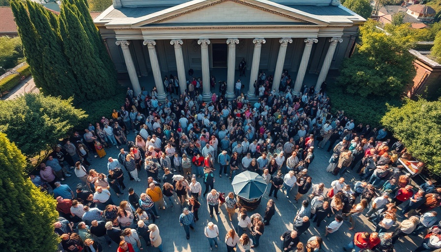 Aerial view of crowd gathered outside historic building for workforce enrichment event.