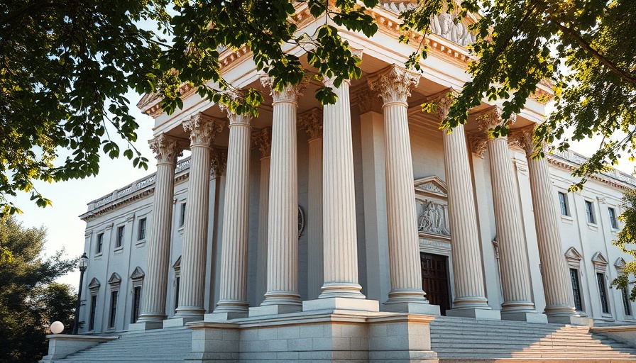 Federal courthouse facade with pillars and trees, reinstatement of federal employees context.