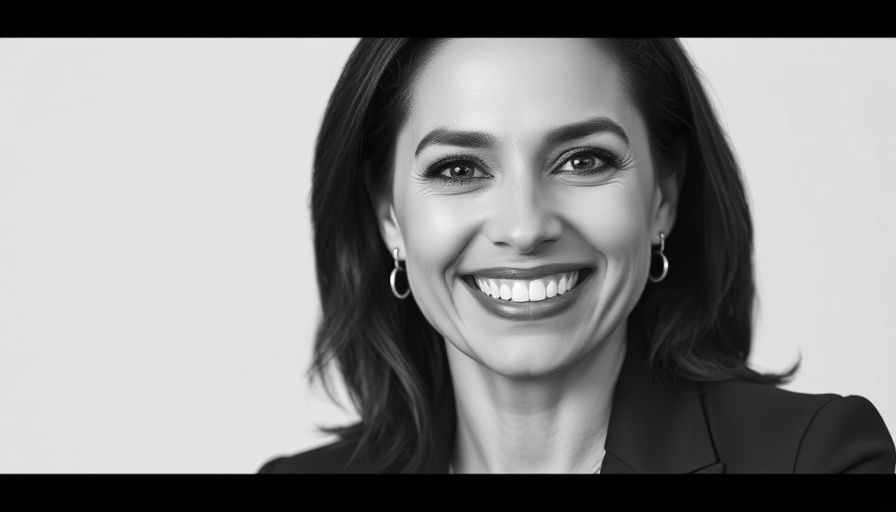 Executive leadership portrait of smiling woman in grayscale.