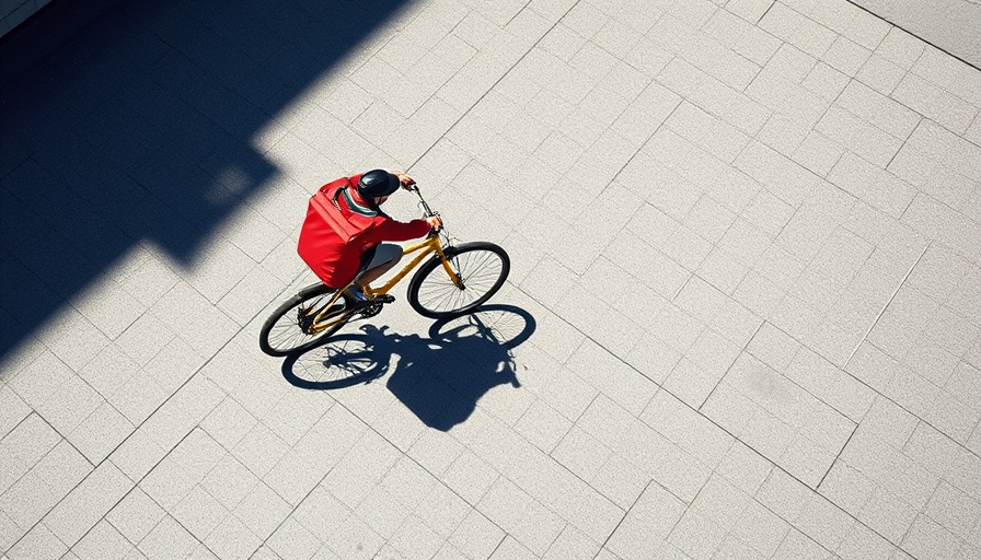 A delivery cyclist casting a shadow on pavement, illustrating gig work.