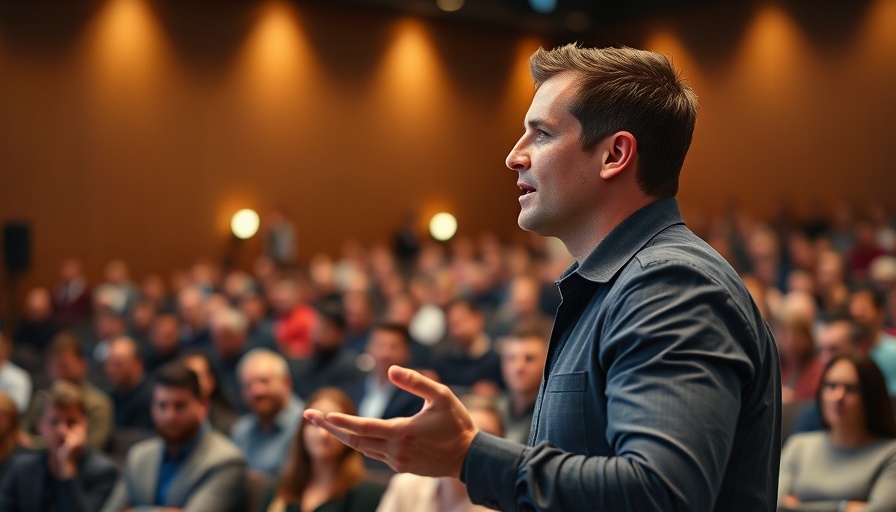 Speaker presenting to an audience reflecting employee performance and connection.