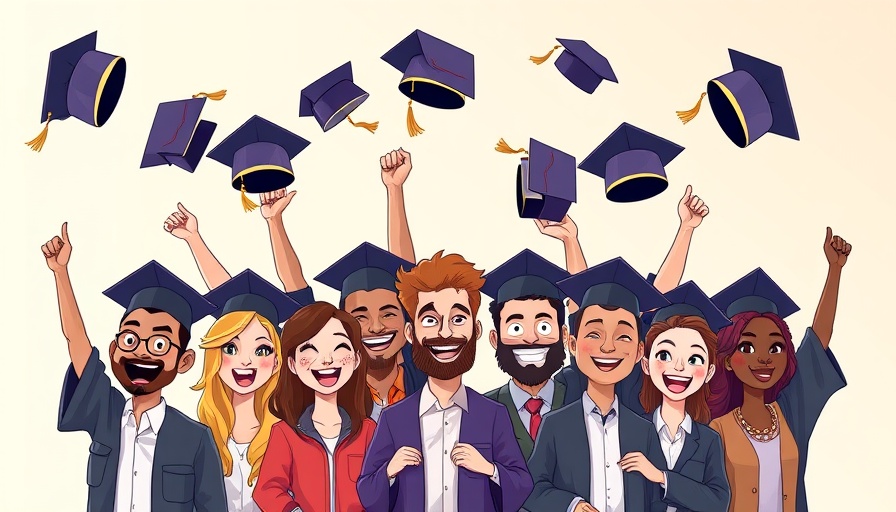 Cartoon of college graduates celebrating with caps in the air