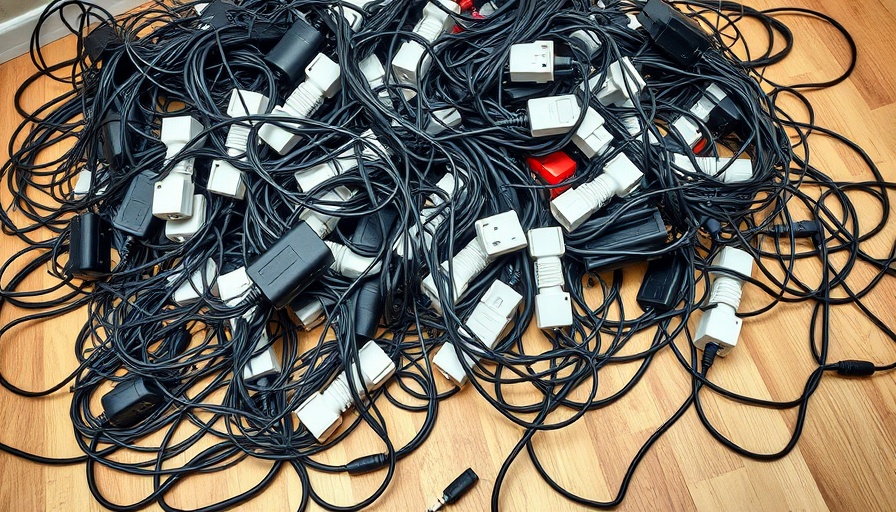Tangled cables and power strips symbolize AI Middleware Vendor Lock-In.
