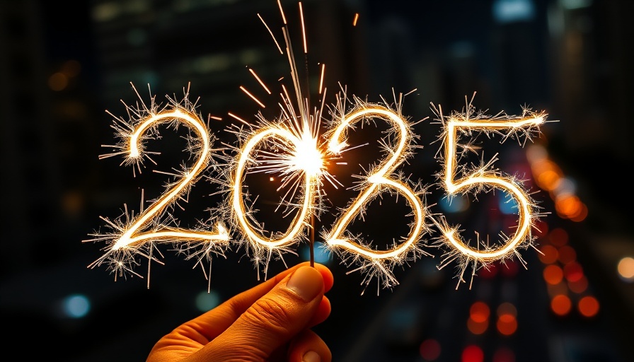 Hand with sparkler forming 2025 over cityscape, symbolizing AI in the workplace future.