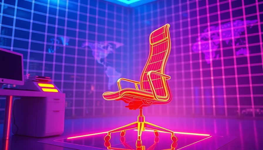 Futuristic digital wireframe office chair in AI-powered workplace.