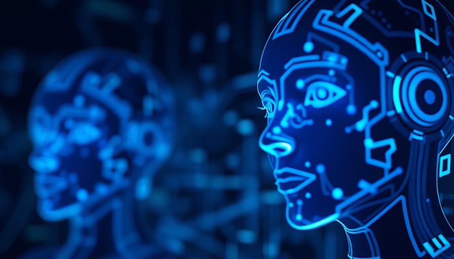 Blurred digital faces representing AI in the workplace, blue glow.
