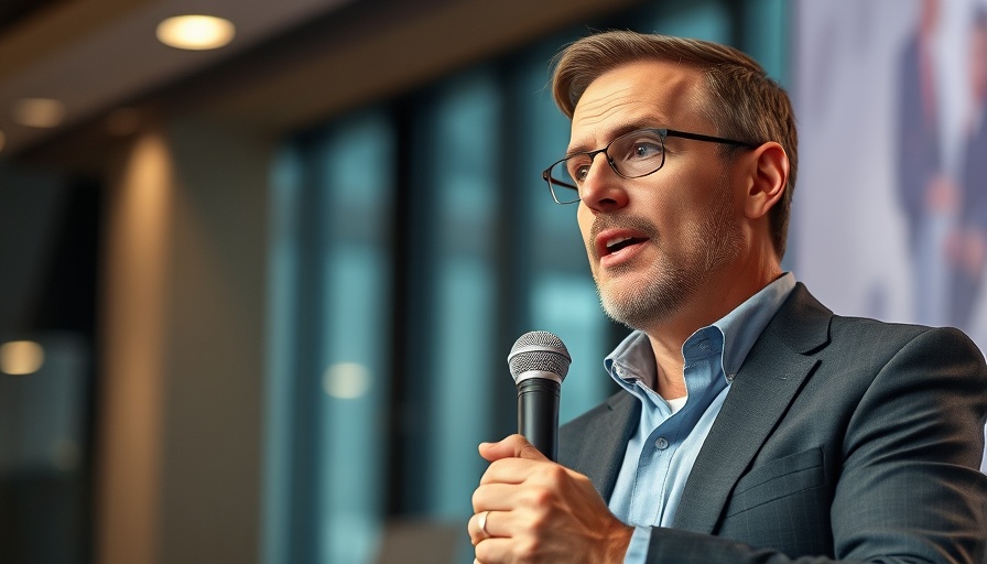 Focused man discussing AI in the workplace with a microphone.