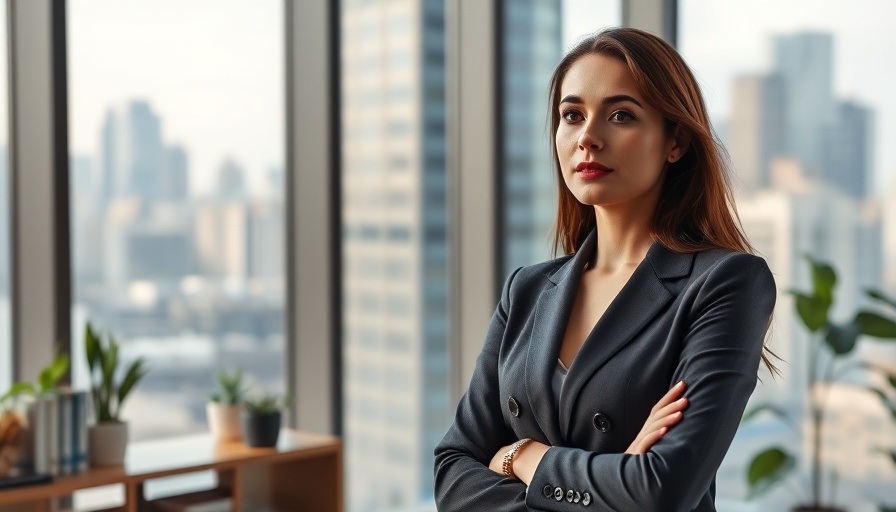 Executive leadership, a confident woman in a modern office setting.