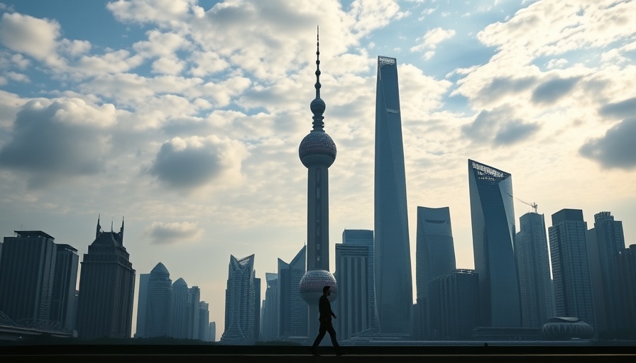 Shanghai skyline showcasing skyscrapers under a cloudy blue sky.