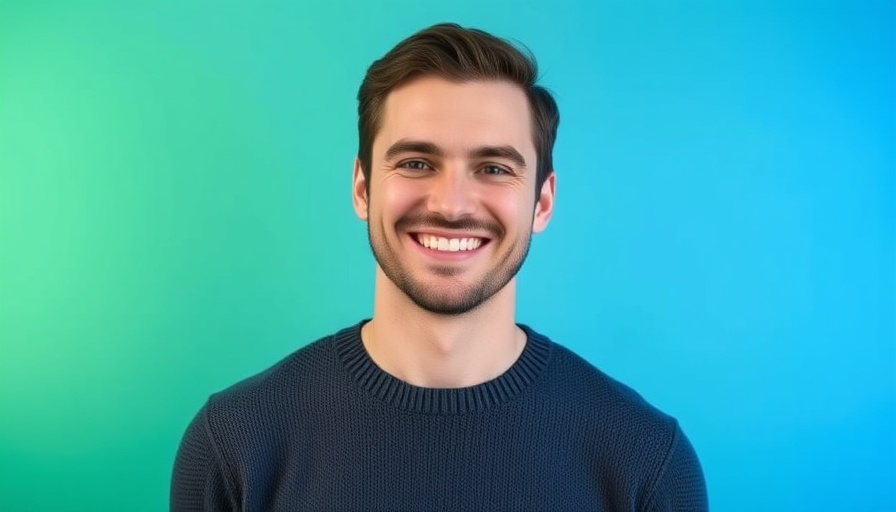 AI in the workplace theme with a person smiling in a vibrant background.