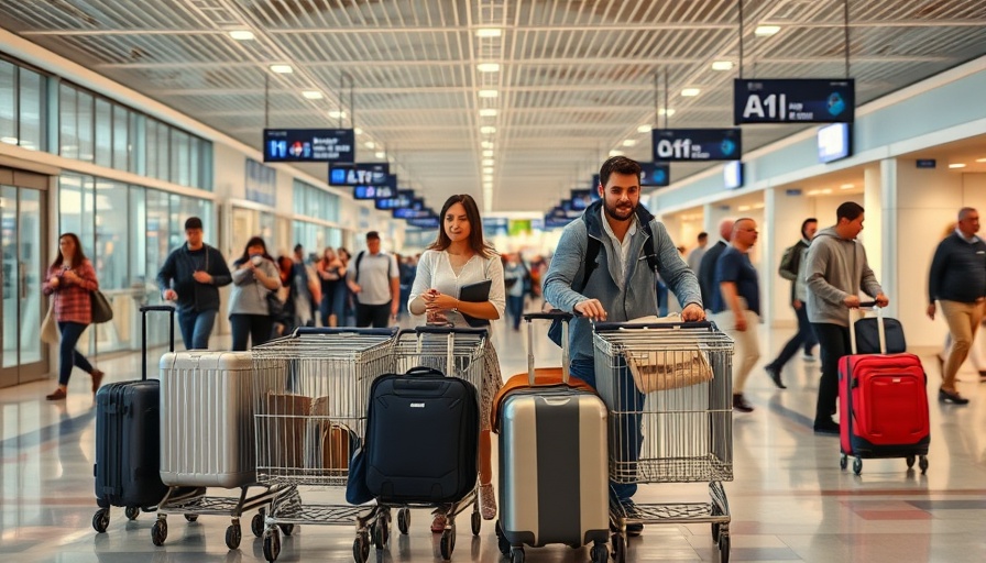 Family navigating busy airport terminal with luggage carts