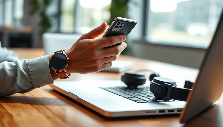 Person at desk using smartphone, AI in the workplace theme.