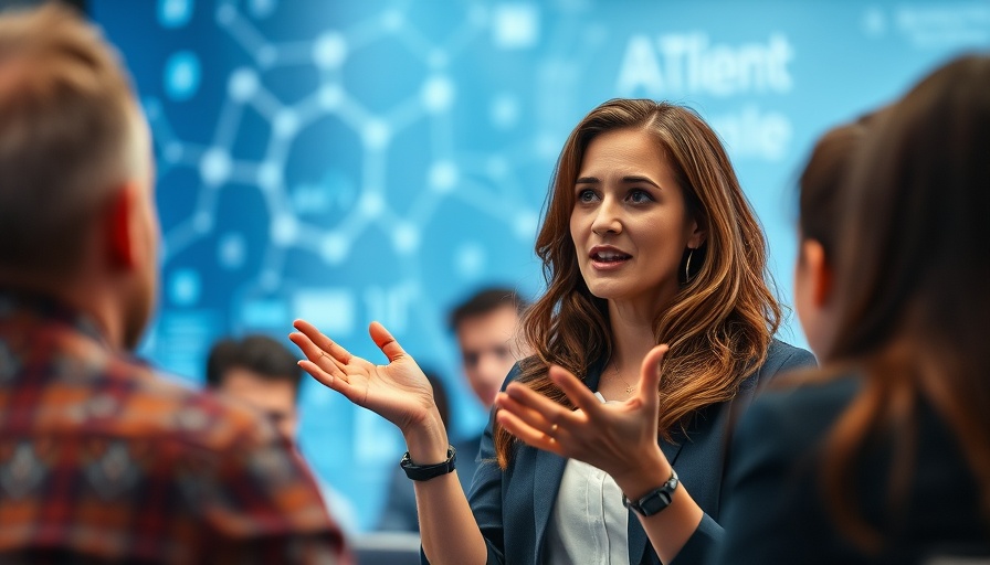 Confident woman discussing AI in the workplace, blue background.
