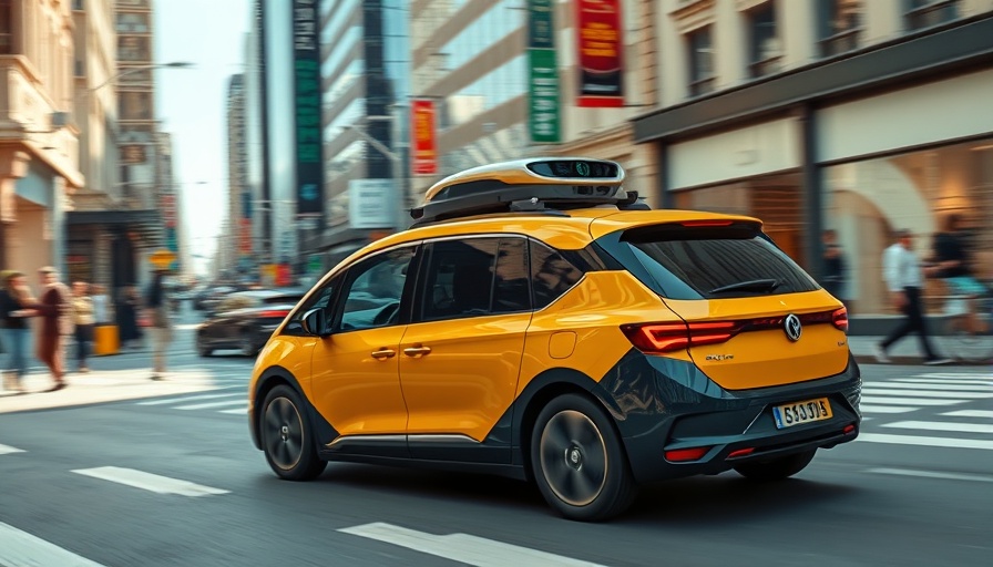 Driverless taxi in the UK street with shops and pedestrians.