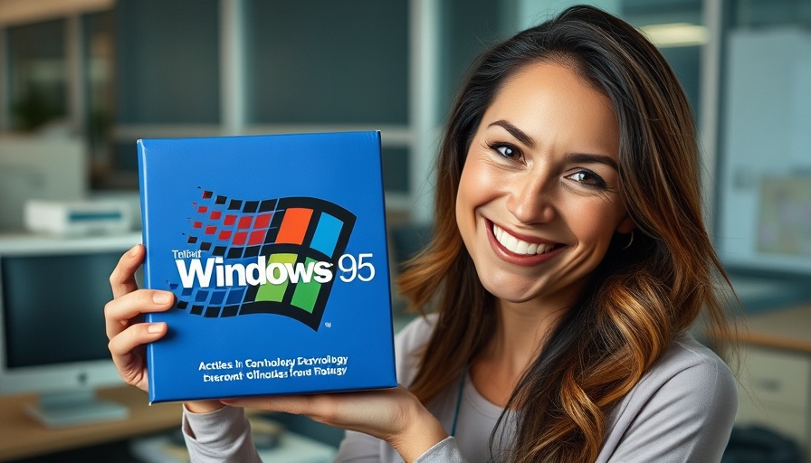 Woman holding Windows 95 box, symbolizing AI in the workplace evolution.