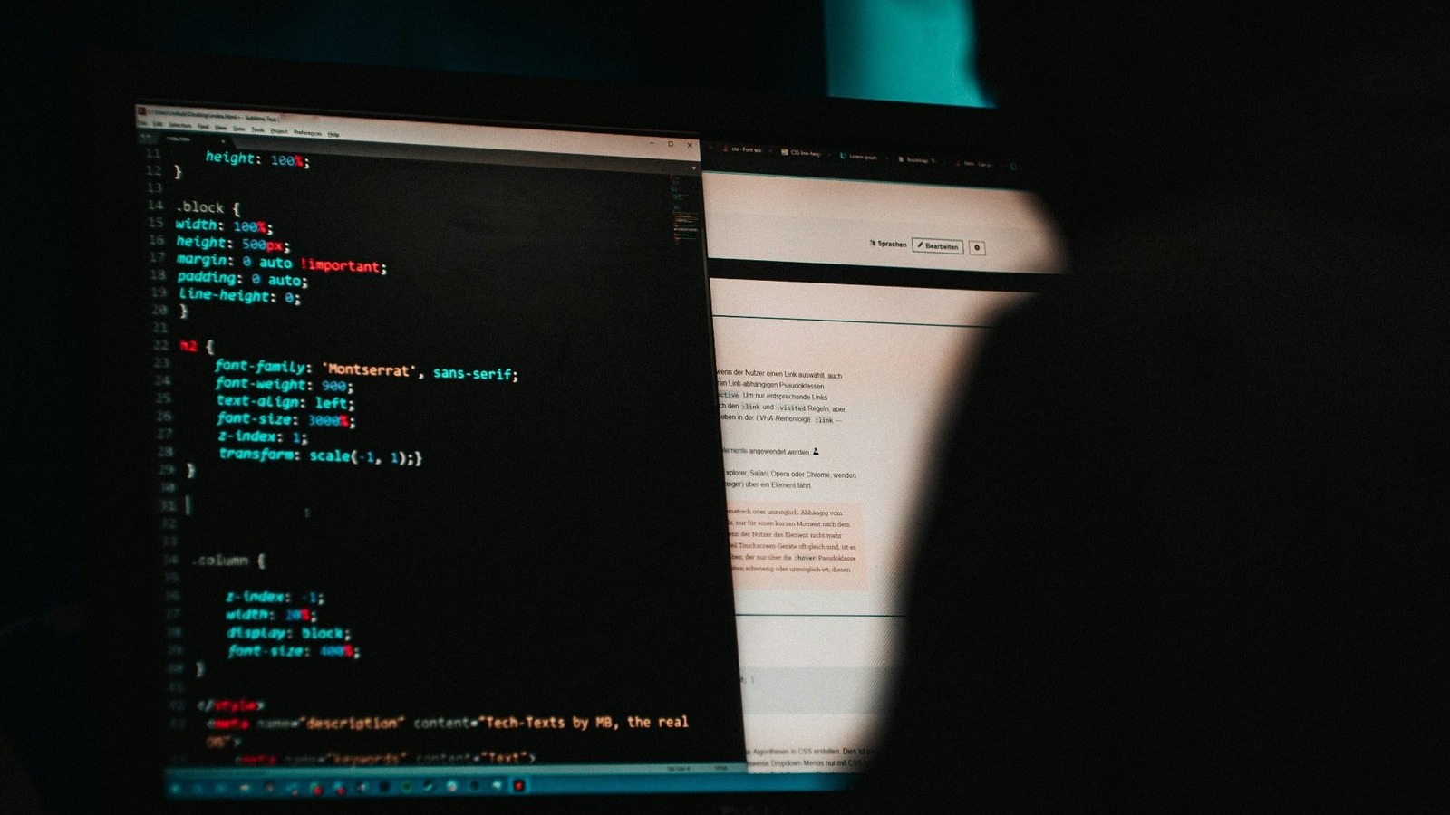 Neon coding symbols and text on dark background, illustrating tech theme.