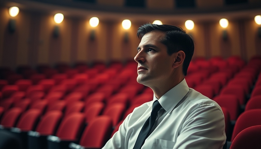Solemn businessman rehearses in empty theater, all-hands meeting context.