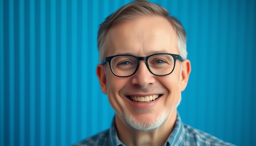 Smiling executive man with glasses in front of blue gradient background.