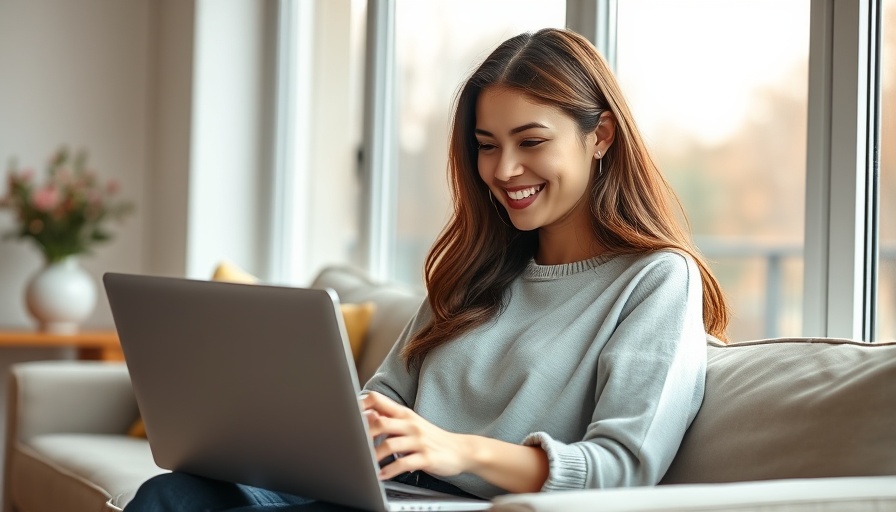 Smiling woman using laptop at home for best broadband in my area.