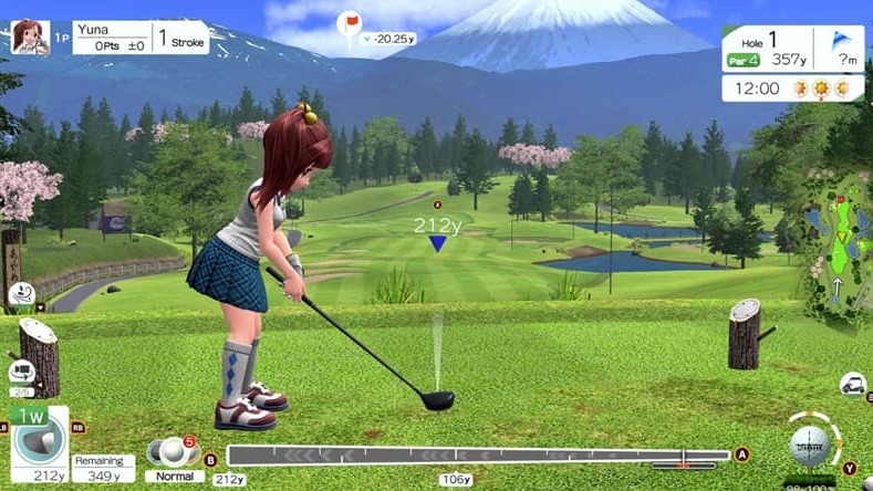Cheerful animated character golfing on a green course with trees.