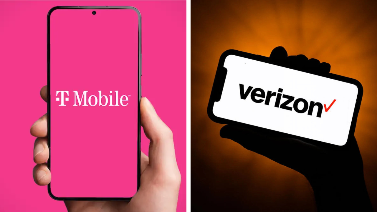 Verizon 5G Home Internet vs T-Mobile 5G Home Internet logos on gradient background.