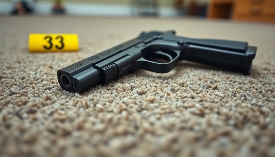 Forensic scene with evidence marker and handgun, highlighting need for high-speed internet during emergencies.