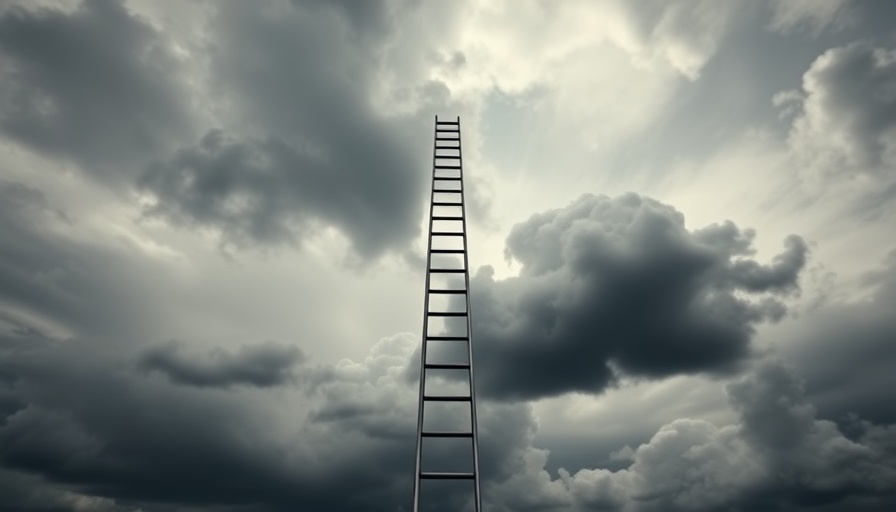 Surreal ladder reaching into dark clouds, concept of envy ladder.