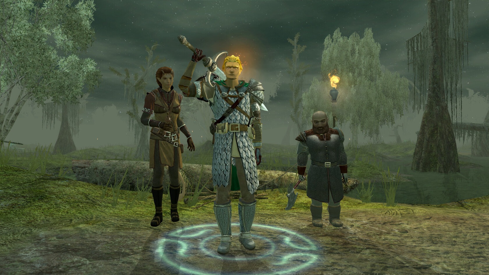 Fantasy characters from Neverwinter Nights 2 Enhanced Edition adventure in a mystical swamp.