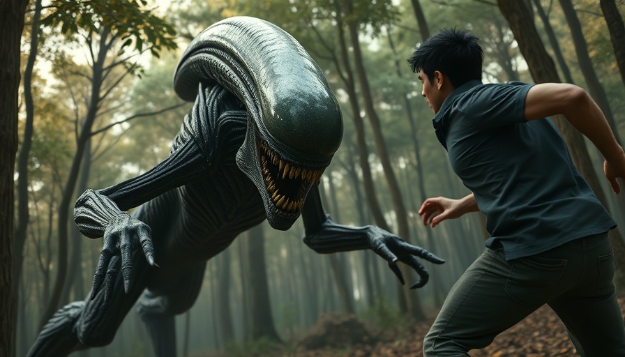 Alien battling human in a forest setting in dramatic CGI scene.