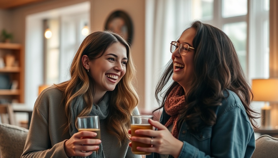 Three women smiling and interacting in a warm, cozy setting.