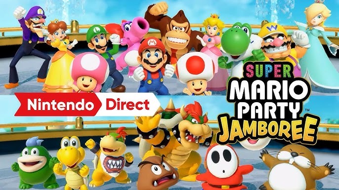Super Mario Party Jamboree update for Switch 2 celebration with characters and dice.