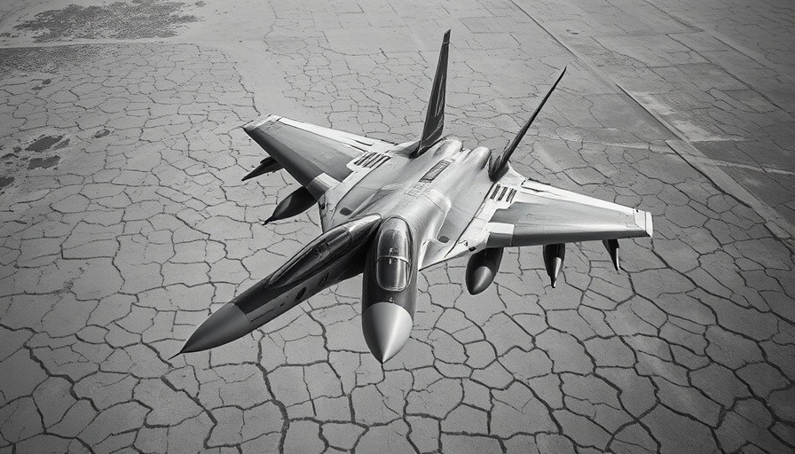 Grayscale aerial view of F-14 Tomcat over desert, showcasing military legacy.
