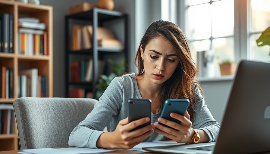 Woman frustrated with 5G home internet on smartphone in home office