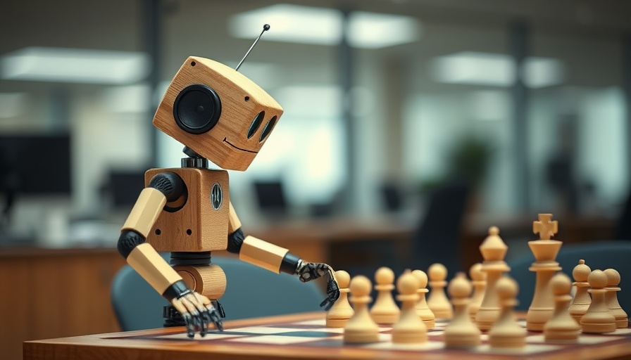A retro wooden robot observing a chessboard, symbolizing inclusive workplace culture.