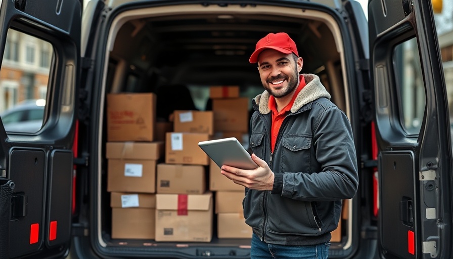 Confident delivery worker organizing packages, highlighting frontline workers' financial health.