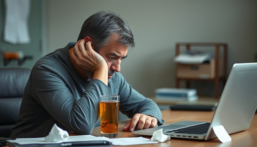 Man stressed at work desk with drink for Recovery-Friendly Workplace.