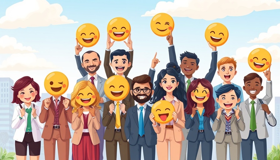 Vector illustration of business people with emojis showing positive ROI from wellbeing initiatives