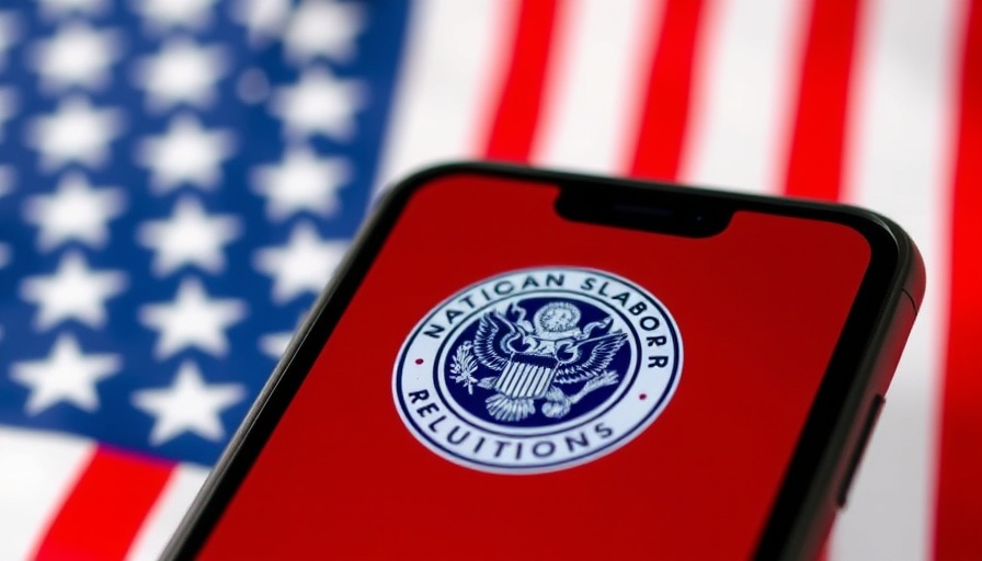 HR compliance smartphone with NLRB logo and American flag backdrop.