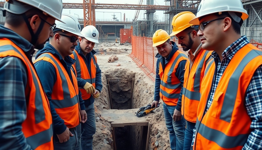 Workers discussing trench safety with barriers at construction site.